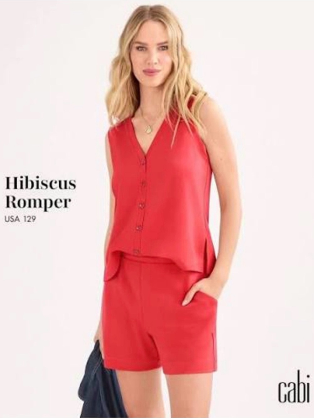 CAbi Coral-Red Sleeveless Hibiscus Romper